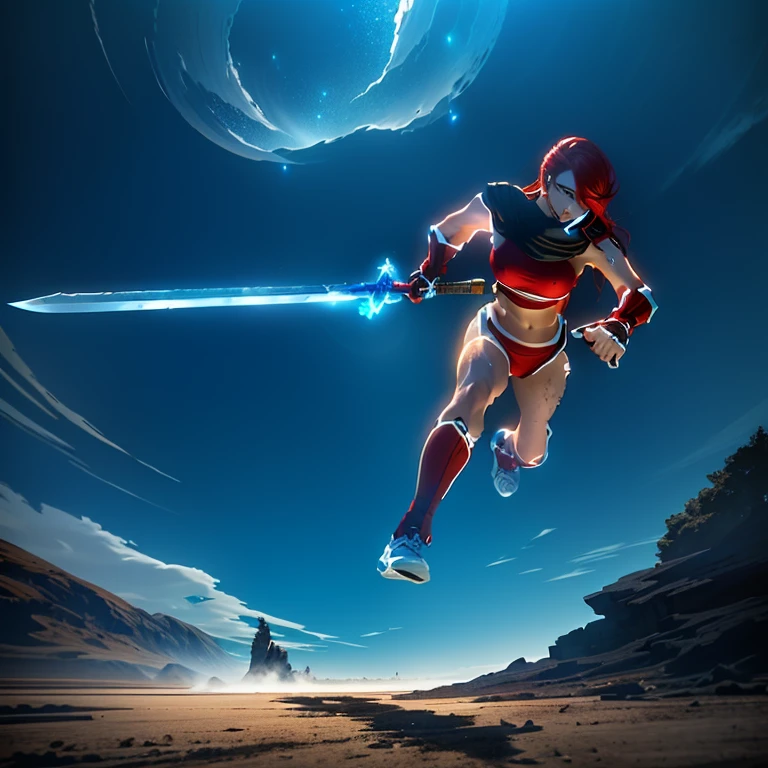 Beautiful erza running with a sword in her right hand, dynamic movement, dynamic pose perspective, dynamic perspective pose, foreshortening, metal armor, crystals, red hair, glowing brown eyes, tan skin, brawny, dirty, toned, big ass, big hips, big thighs, big legs, big breasts, small waist, narrow waist, thin, skinny, slim