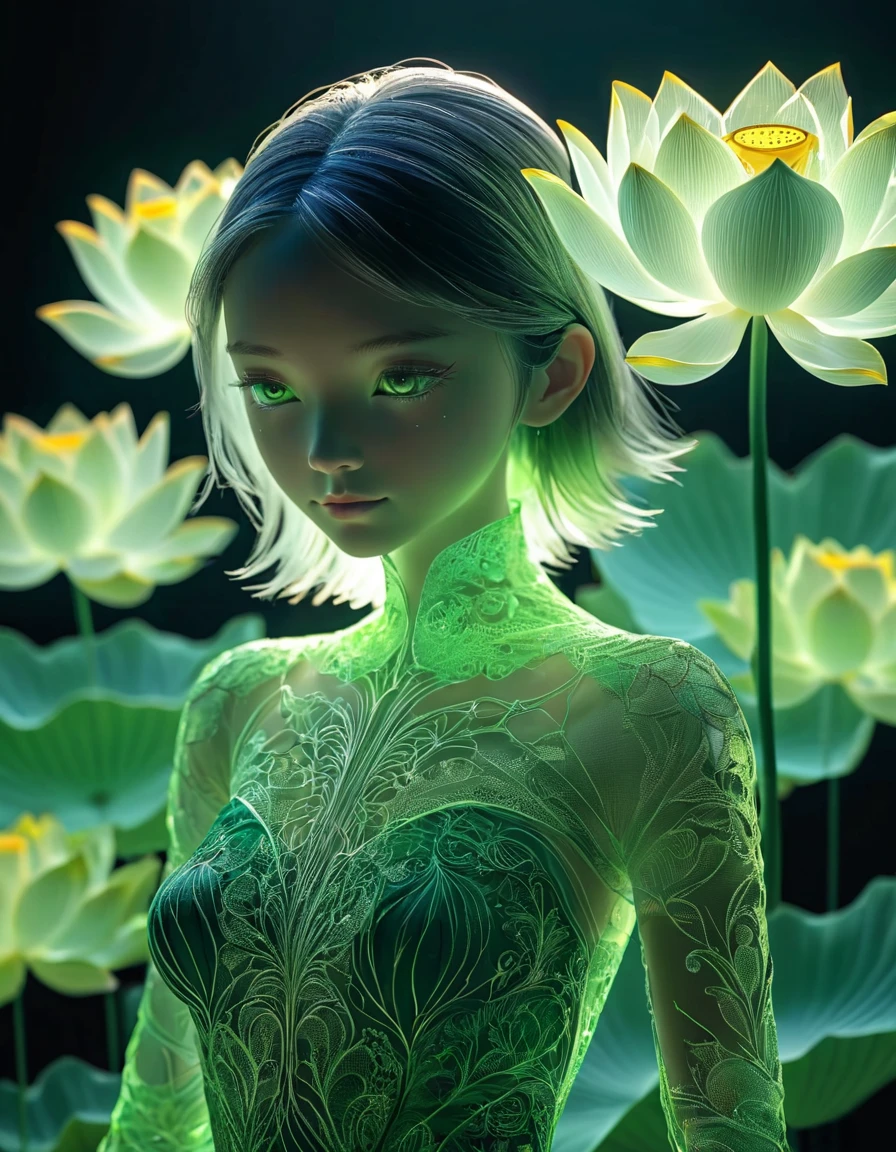 high resolution, Super detailed, (1 girl:1.3),(lotus)
BREAK Sun exposure, reverberation, Experimental photography, surreal contrast, Eye-catching visuals, Artistic abstraction,
Break the art of cutting, layered silhouette, complex patterns, exquisite craftsmanship, shadow play, Depth and size, creative expression,
break art, Frozen sculpture, translucent forms, short-lived beauty, Crystal structure, exquisite craftsmanship, impressive,
break green eye,body glow,Glowing lines,fluorescence,glow example,Example tracking,flash,萤light particles,Backlight,Translucent,light particles