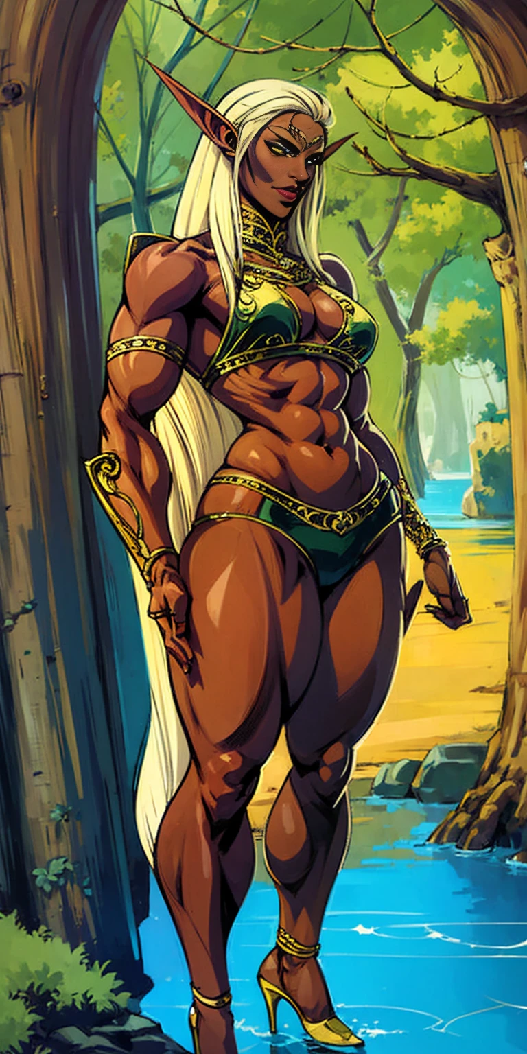 Extremely detailed Artgerm style: This sets the overall artistic style with a high level of detail. Fantasy art: This specifies the genre. Goddess of the green forest: This defines the character's role and gives context to the setting. Woman with long, elf ears: This incorporates the elf features. Black skin: This specifies the character's race. Ornate bikini armor: This combines the skimpy clothing with a fantastical, protective element. Blue high heels standing straight symmetrical: This suggests the color of the bikini and potentially the water body. Long, messy blonde hair: This adds a detail that contrasts the Artgerm style, which is typically more polished for hair.