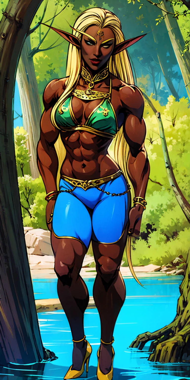 Extremely detailed Artgerm style: This sets the overall artistic style with a high level of detail. Fantasy art: This specifies the genre. Goddess of the green forest: This defines the character's role and gives context to the setting. Woman with long, elf ears: This incorporates the elf features. Black skin: This specifies the character's race. Ornate bikini armor: This combines the skimpy clothing with a fantastical, protective element. Blue high heels standing straight symmetrical: This suggests the color of the bikini and potentially the water body. Long, messy blonde hair: This adds a detail that contrasts the Artgerm style, which is typically more polished for hair.