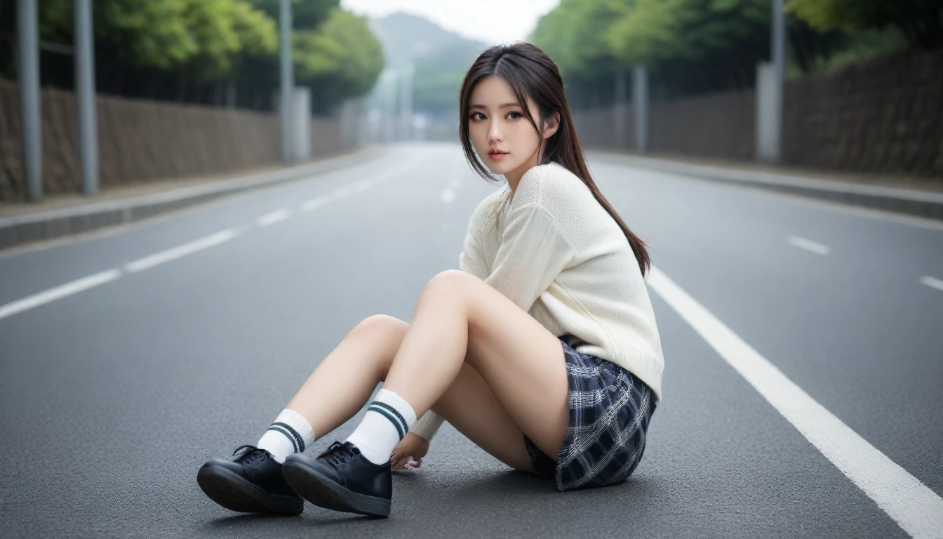 8K, Ultra-high resolution, Highest quality, masterpiece, 三分割法によるphotograph,Surreal, photograph, 1 Girl, (16 years old:1.3), pretty girl, Cute face, Beautiful eyes in every detail, 細かくdetailedに,masterpiece,One Girl:1.2, Japan Female Announcer,whole body,from below,Fearful expression,Black Hair,Messy hair,Cyber city of the near future,Wearing a cardigan sweater on your back、A girl sitting cross-legged in the middle of the road,Facing forward, Plaid pencil skirt, High socks and black shoes,Beautiful leg line beauty,Realistic Skin, Perfect and beautiful face ,完璧でCute face, Skin with attention to detail, Perfect limbs、Narrow waist、Thin legs),Looking at the audience、beauty,Long neck、(((Ideal body type))),A cup small breasts :2,Portraiture:2,Perfect Anatomy,鮮明なdetailed,detailed,Surreal,Light and shadow,darkness