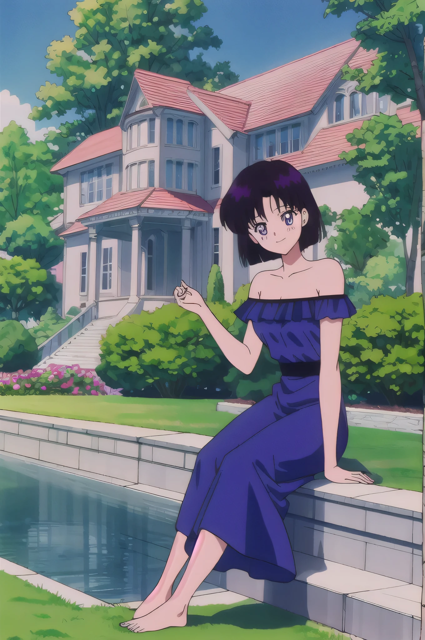 Hotaru Tomoe, 1 girl, solo, Best quality, masterpiece, High Definition, Teenager, Purple Eyes, Beautiful Detail Eyes, Black Bob Hair, Good hands at sides, Seductive Smile, Blushing, Bare Neck, Bare Shoulders, strapless white ruffle off the shoulder maxi dress. Sitting on a park bench. Cowboy shot. A landscape of blue skies, a mansion, an garden maze, a water fountain,