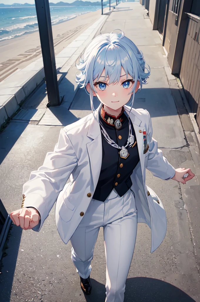 masterpiece, top quality, best quality, official art, beautiful and aesthetic:1.2), (8k, best quality, masterpiece:1.2), (((masterpiece))), (((best quality))), (((extremely detailed))), illustration, who, (masterpiece, top quality, best quality, official art, beautiful and aesthetic:1.2), (8k, best quality, masterpiece:1.2), 1girl, classroom, standing, detailed eyes, blue eyes, (((white jacket))), white vest, (((marine jacket with small medals))), necktie, well dressed, anime trap, (((tomboy))), rat tail, (((white dress pants))), white and blue hair, frizzy hair,, smile, full body, classroom, confident, silly,