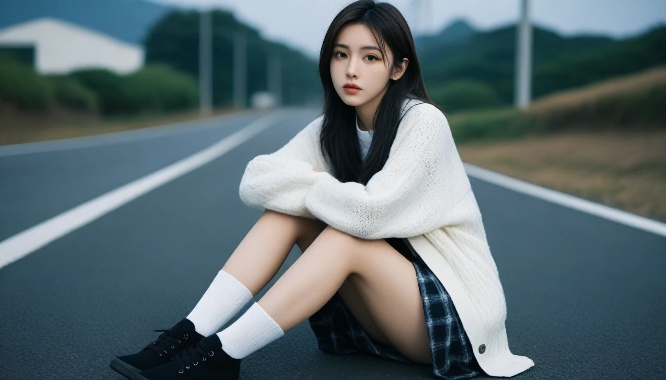 8K, Ultra-high resolution, Highest quality, masterpiece, 三分割法によるphotograph,Surreal, photograph, 1 Girl, (:1.3), pretty girl, Cute face, Beautiful eyes in every detail, 細かくdetailedに,masterpiece,One Girl:1.2, Japan Female Announcer,whole body,from below,Fearful expression,Black Hair,Messy hair,Cyber city of the near future,Wearing a cardigan sweater on your back、A girl sitting cross-legged in the middle of the road,Facing forward, Plaid pencil skirt, High socks and black shoes,Beautiful leg line beauty,Realistic Skin, Perfect and beautiful face ,完璧でCute face, Skin with attention to detail, Perfect limbs、Narrow waist、Thin legs),Looking at the audience、beauty,Long neck、(((Ideal body type))),A cup small breasts :2,Portraiture:2,Perfect Anatomy,鮮明なdetailed,detailed,Surreal,Light and shadow,darkness
