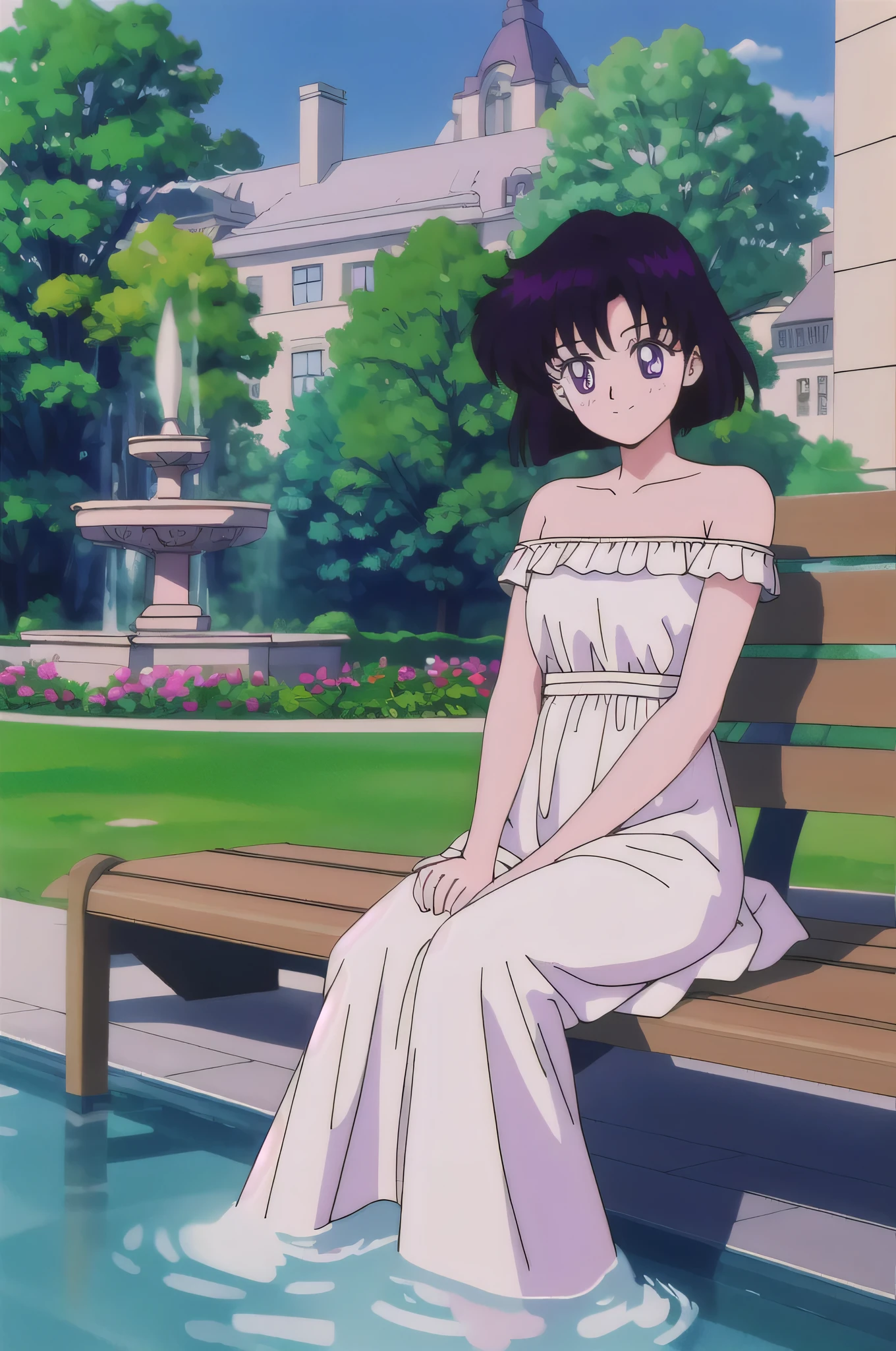 Hotaru Tomoe, 1 girl, solo, Best quality, masterpiece, High Definition, Teenager, Purple Eyes, Beautiful Detail Eyes, Black Bob Hair, Good hands at sides, Seductive Smile, Blushing, Bare Neck, Bare Shoulders, strapless white ruffle off the shoulder maxi dress. Sitting on a park bench. Cowboy shot. A landscape of blue skies, a mansion, an garden maze, a water fountain,
