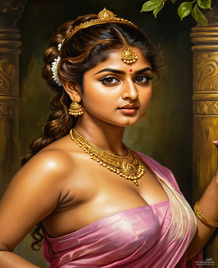 painting of a woman in a pink sari with a gold necklace and earrings, inspired by Raja Ravi Varma, portrait of a beautiful goddess, a stunning portrait of a goddess, goddess close-up portrait, beautiful character painting, goddess. extremely high detail, traditional beauty, goddess portrait, beautiful goddess, 3 d goddess portrait, painting of beautiful