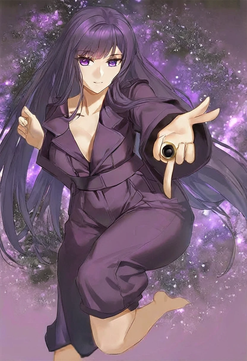 Athena,Purple one-way slightly messy long hair,Purple Eyes,Purple jumpsuit,But the jumpsuit is sexy,Wearing a sexy purple trench coat,barefoot,A black hole in the universe,Purple and black black hole,Draw a good look,Normal body proportions