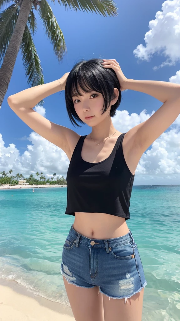I agree to stand on the beach by the sea。She is wearing a black tank top and blue short jeans.。Short black hair down to the shoulders、I put my hands behind my head。Justice sees palm trees and the beach。White clouds are floating in the clear sky。In an anime-style style、Bright colors and realistic details。 ``` - **