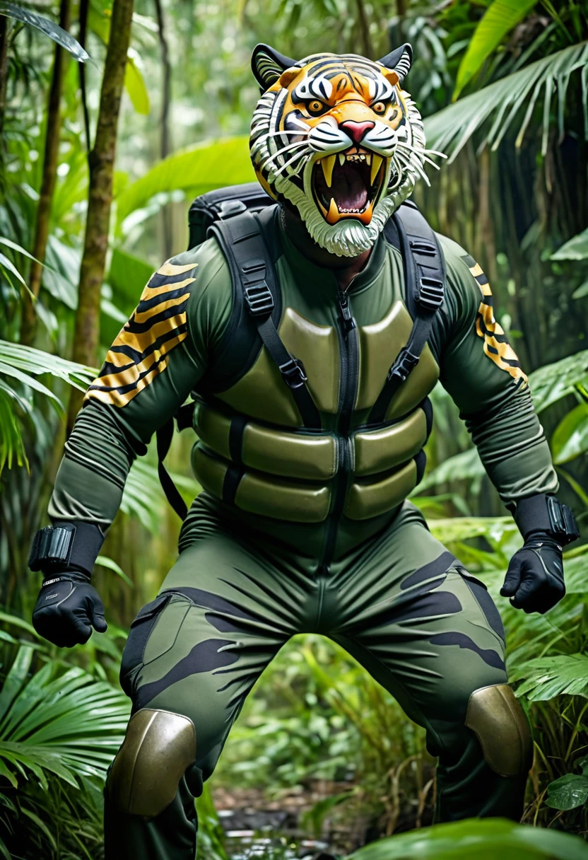 (a dark-skinned bearded fat muscular old man in a bulky army camouflage zipper diver suit), and (wearing realistic roaring tiger mask), wearing army boots, crouching in a jungle and shooting sniper rifle, muscular physique, imposing stature, toned muscles, Bruce Onobrakpeya, sumatraism, stanley artgermm, action, heroic, fierce, snarling