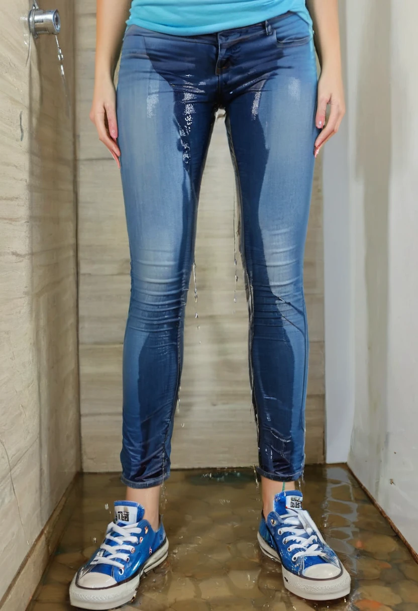 blonde woman, blue eyes, inviting smile, skinny jeans, converse chuck sneakers, tank top, peeing shorts, pee runs down legs into sneakers, pee puddles around sneakers, pee stains are gleaming wet, sneakers are soaking wet, (((head in frame)))