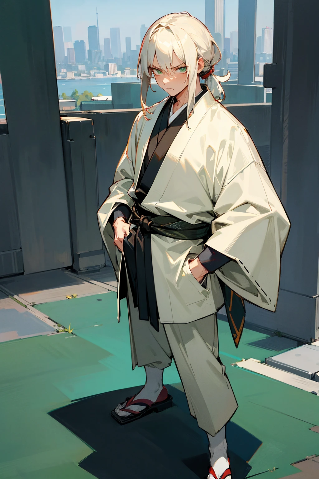Masterpiece Quality, Perfect Generation, Dark Green Eyes, Detailed Eyes, Skin, White Tied Back Hair, Muscular, Yukata Clothing, Angry Expression, , City Background, Full Body, Two Toned White Highlighted Hair, Teen, , male, facing viewer, Standing Outside, Close, Hands In Pocket, Kimono