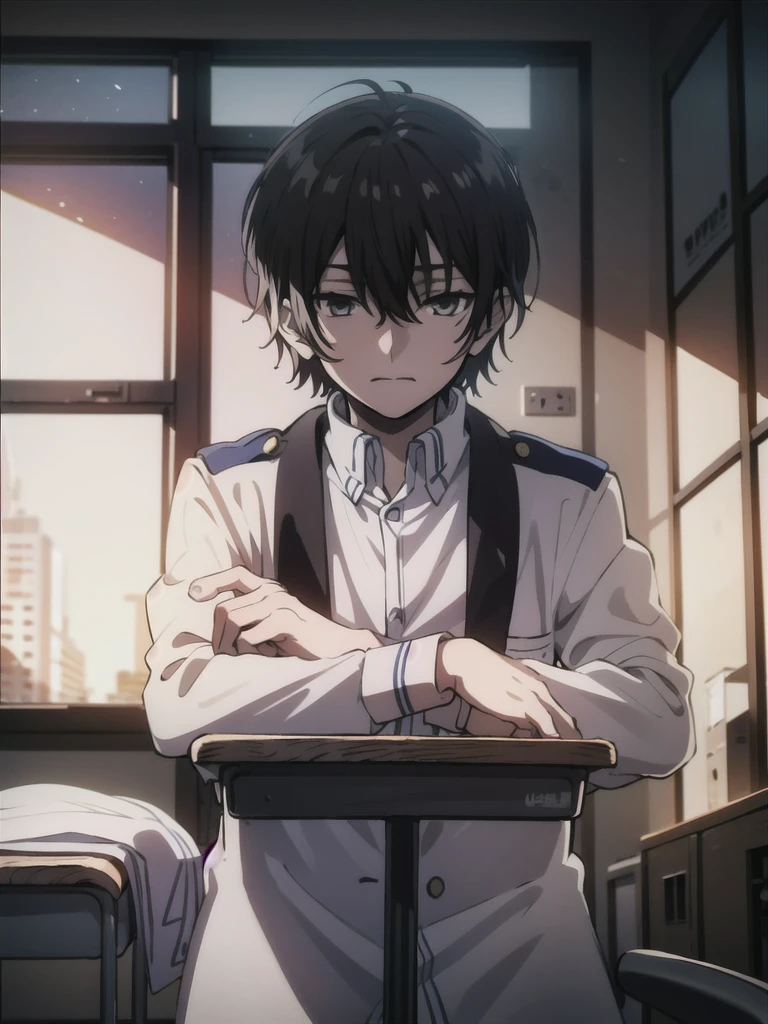 ((best quality)), ((masterpiece)), (detailed), boy, high , uniform, bored look, blank look, disinterested look, resting on desk, school chair, empty classroom, black hair, black eyes, sketch, alone, short hair. half body, face, gloomy, dark eyes, manga, light novel, illustration, solo.