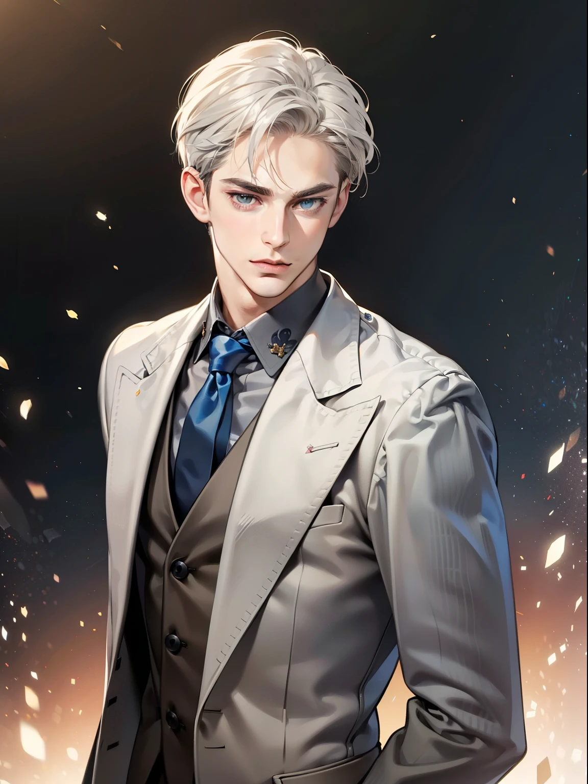 masterpiece, best quality, realistic, 1man, mature male, quiet and charming young man, 41 year old, serious look, closed mouth, portrait, extremely detailed face, cold smile, ((dark grey blue eyes)), ((short-right-swept dark white hair)), [thick eyebrows], ((suit)), handsome, full body, western, Jewish, light brown skin,