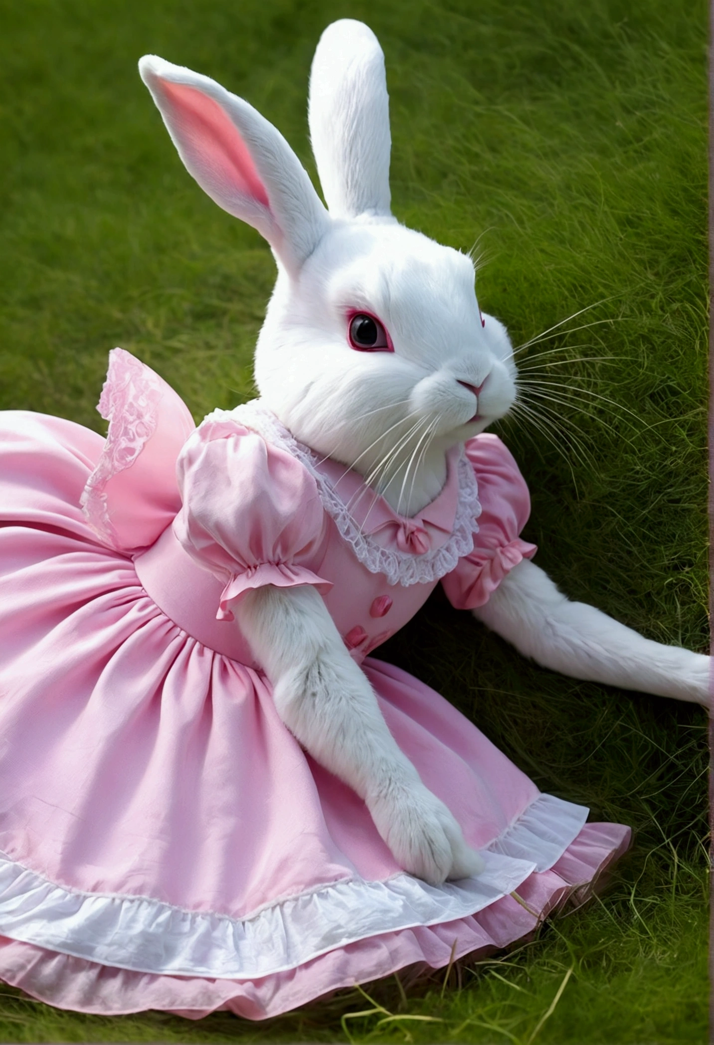 a detailed animation,A white rabbit lying down,Wear a pink and white dress,, Sleeping alone on the grass