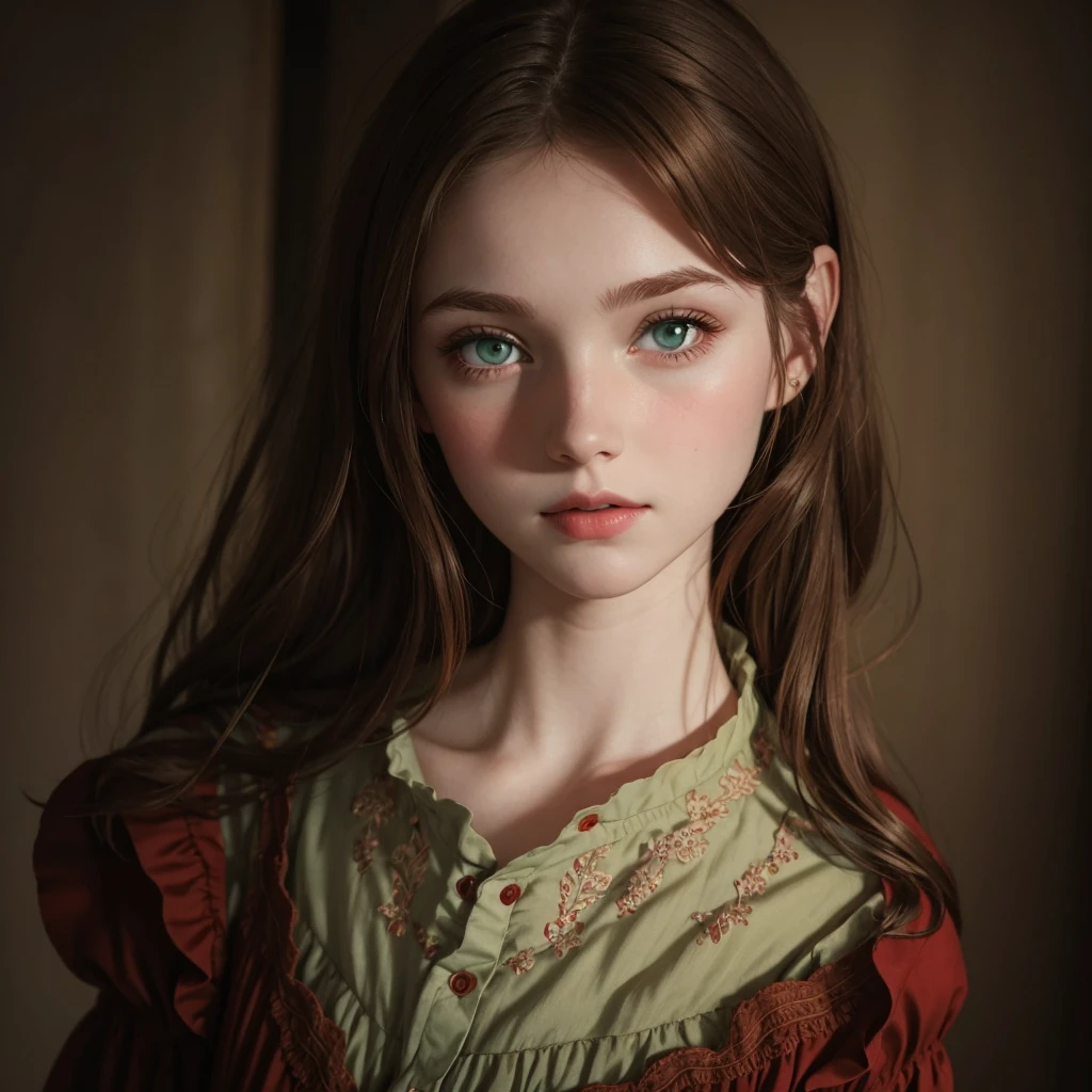 girl with pale skin, brown hair, green eyes, cute thin nose, dressed in a red vintage dress 