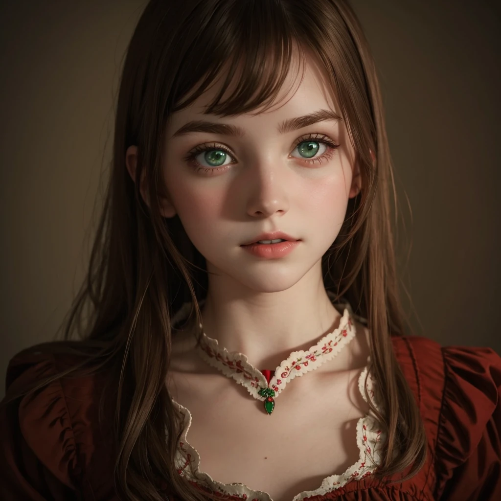 girl with pale skin, brown hair, green eyes, cute thin nose, dressed in a red vintage dress