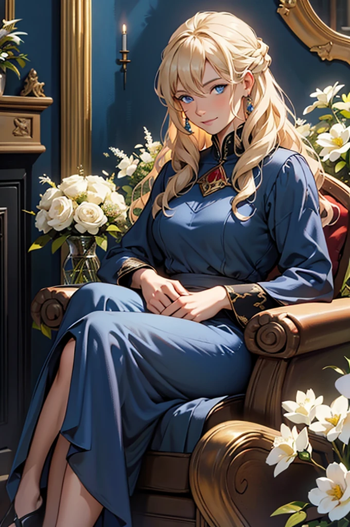 35 year old woman, with defined facial features, shy smile, clear skin, long curly hair, pale gold color, blue eyes, wearing a dark red medieval nobility dress, sitting in a brown armchair, with hands in lap holding flowers, oil painting, above a fireplace, vases with white flowers, petrol blue color background