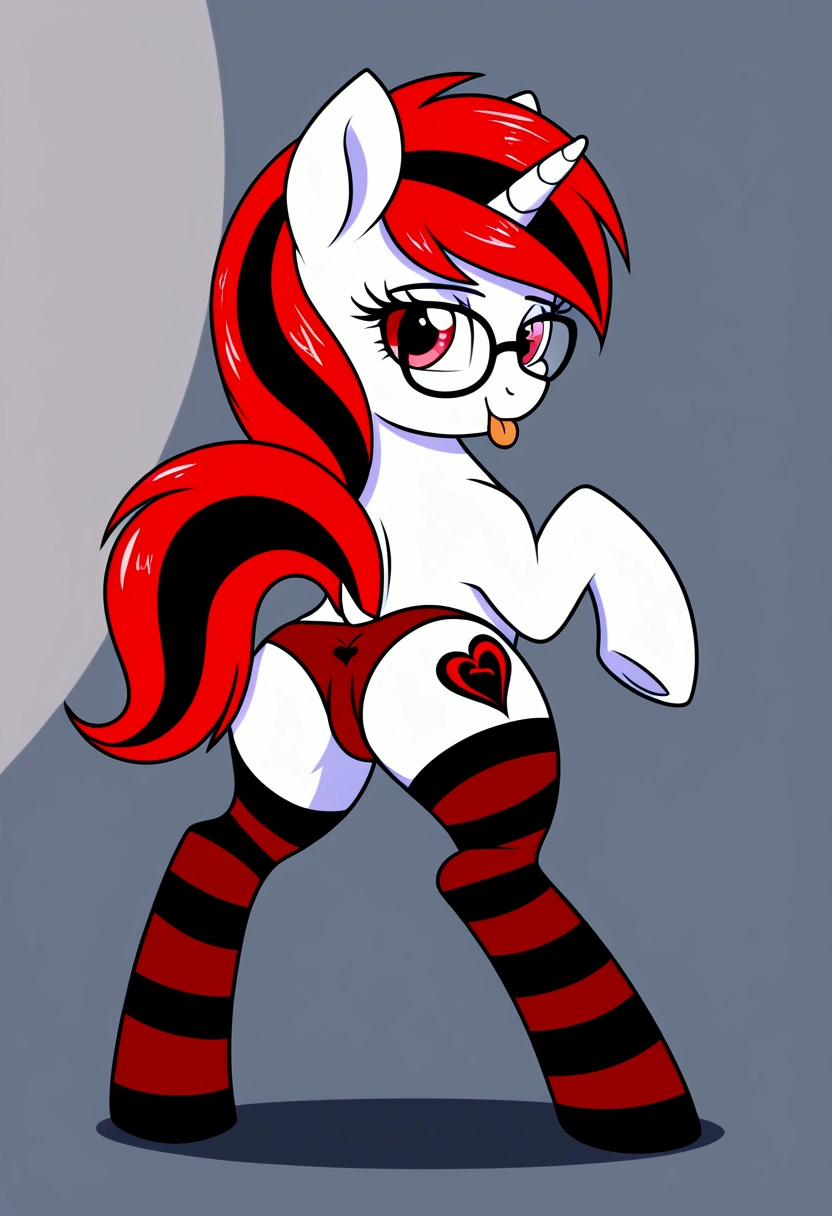 radiant lighting, vibrant colors, whimsical atmosphere, 8K, high resolution, highly detailed, masterpiece, (((my little pony))), four stockings, (red hair, white body, red eyes) cute face, tongue out, striped stockings, standing on four hooves, cool glasses, showing butt, ((a lot of tattoo on body:1.3)), goth style, (())