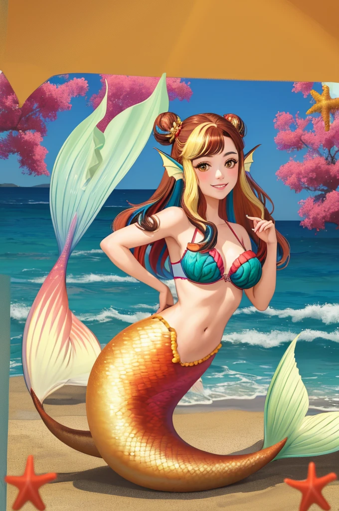 masterpiece, best quality:1.2), 1girl, smile, looking at viewer, brown hair in one bun with hair sticks, golden eyes, multicolored hair, mermaid, multicolored golden mermaid tail, laying on beach, fin ears, head fins, seashell bra, by orchid flowers