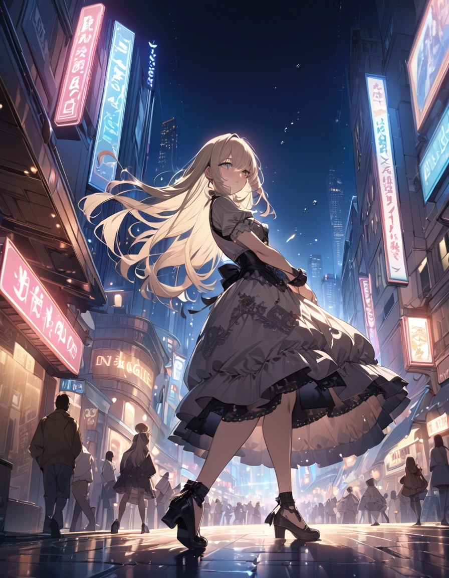 one beautifu girl breakdancing on the street,long straight gold ash hair,wearing Lolita fashion,(masterpiece), (best quality), (ultra-detailed), (illustration), (detailed light),(an extremely delicate and beautiful),(beautiful eyes),city streets, city lights, water drops flying around her.natural light, wide angle shot, and high quality photo.