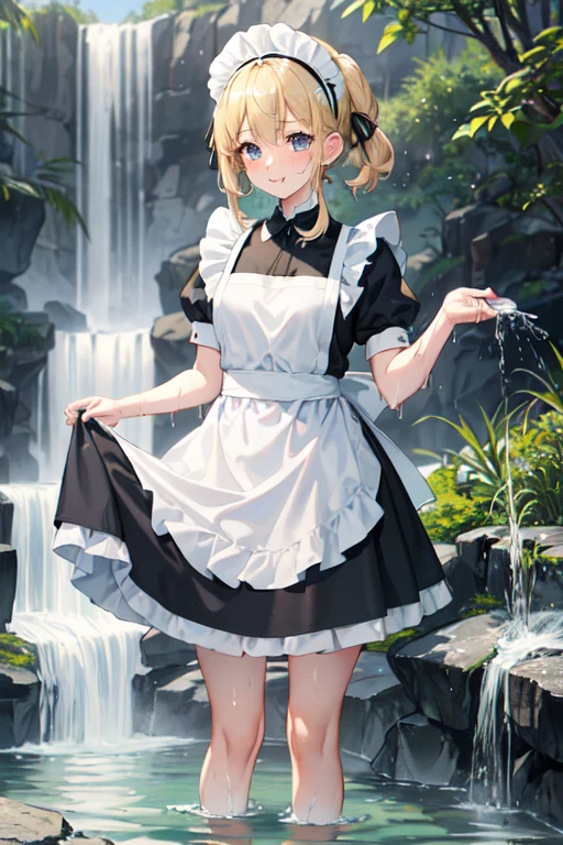 (Super best quality:1.6), (Highest quality:1.4), (detailed:1.4), (Attention to detail:1.4), (Ultra-high resolution:1.6), 4K, (detailedな顔), (Maid clothes, White apron, Headband, Black Dress, ribbon, Maid clothes, Classic, Long:1.4), (白と黒のMaid clothes), Blonde, Blue Eyes, Cat ear, cute, Small breasts, The best smile, Looks happy, Soaked from head to toe, (Water drips from the clothes:1.6), (Water Drop:1.6), (Soaked from head to toe:1.6), (全身にWater Drop:1.6), (Entering the water fully clothed:1.4), (全身からWater Dropが垂れる:1.6), (Big waterfall, Taki training), In the water, Deep River, Being struck by a waterfall, Waterfall basin, (Waterlogged), (Bathing in a waterfall:1.6), (Bathing fully clothed), Bathing, Waterfall shower, Waterfall bath, natural, 全身にWater Drop,