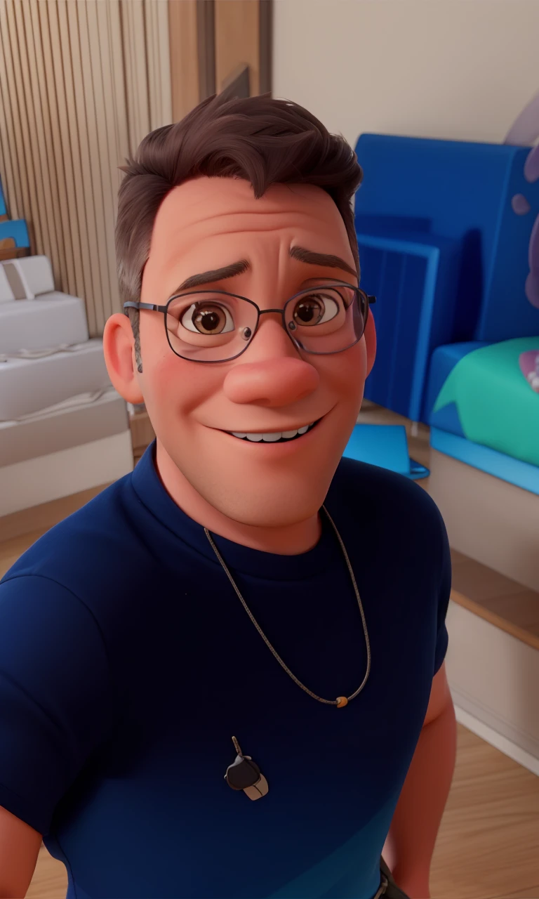 Create a friendly-looking human cartoon character, wearing a formal shirt and black pants. Ele deve ter um estilo moderno e profissional, with a friendly smile. Adicione detalhes coloridos que representem a marca (if applicable). The character may wear glasses and have an accessory such as a laptop or phone.
