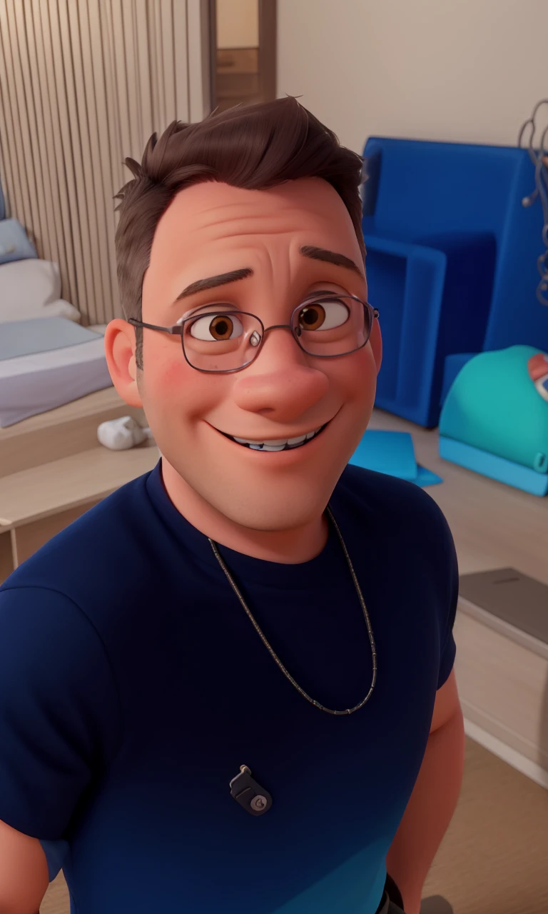 Create a friendly-looking human cartoon character, wearing a formal shirt and black pants. Ele deve ter um estilo moderno e profissional, with a friendly smile. Adicione detalhes coloridos que representem a marca (if applicable). The character may wear glasses and have an accessory such as a laptop or phone.