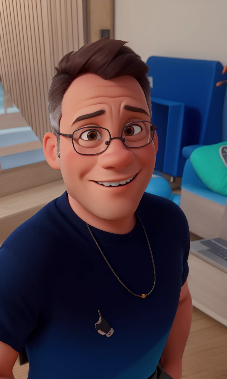 Create a friendly-looking human cartoon character, wearing a formal shirt and black pants. Ele deve ter um estilo moderno e profissional, with a friendly smile. Adicione detalhes coloridos que representem a marca (if applicable). The character may wear glasses and have an accessory such as a laptop or phone.