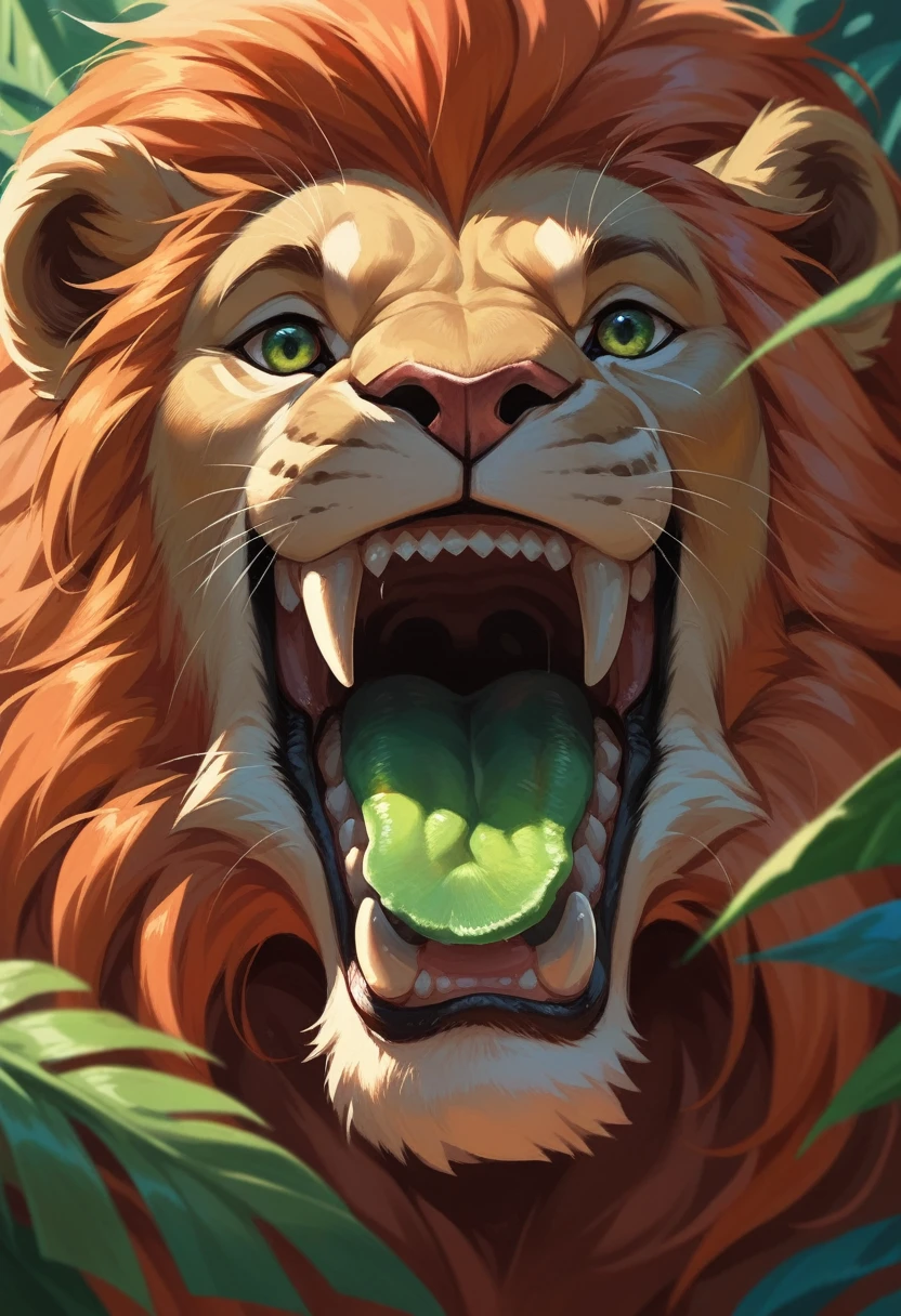 lion with green eyes and green tongue with orange mane and shags on his mane roaring showing his sharp teeth in the middle of a tropical jungle with foliage and many colorful flowers around him, warm colors, close-up of the front