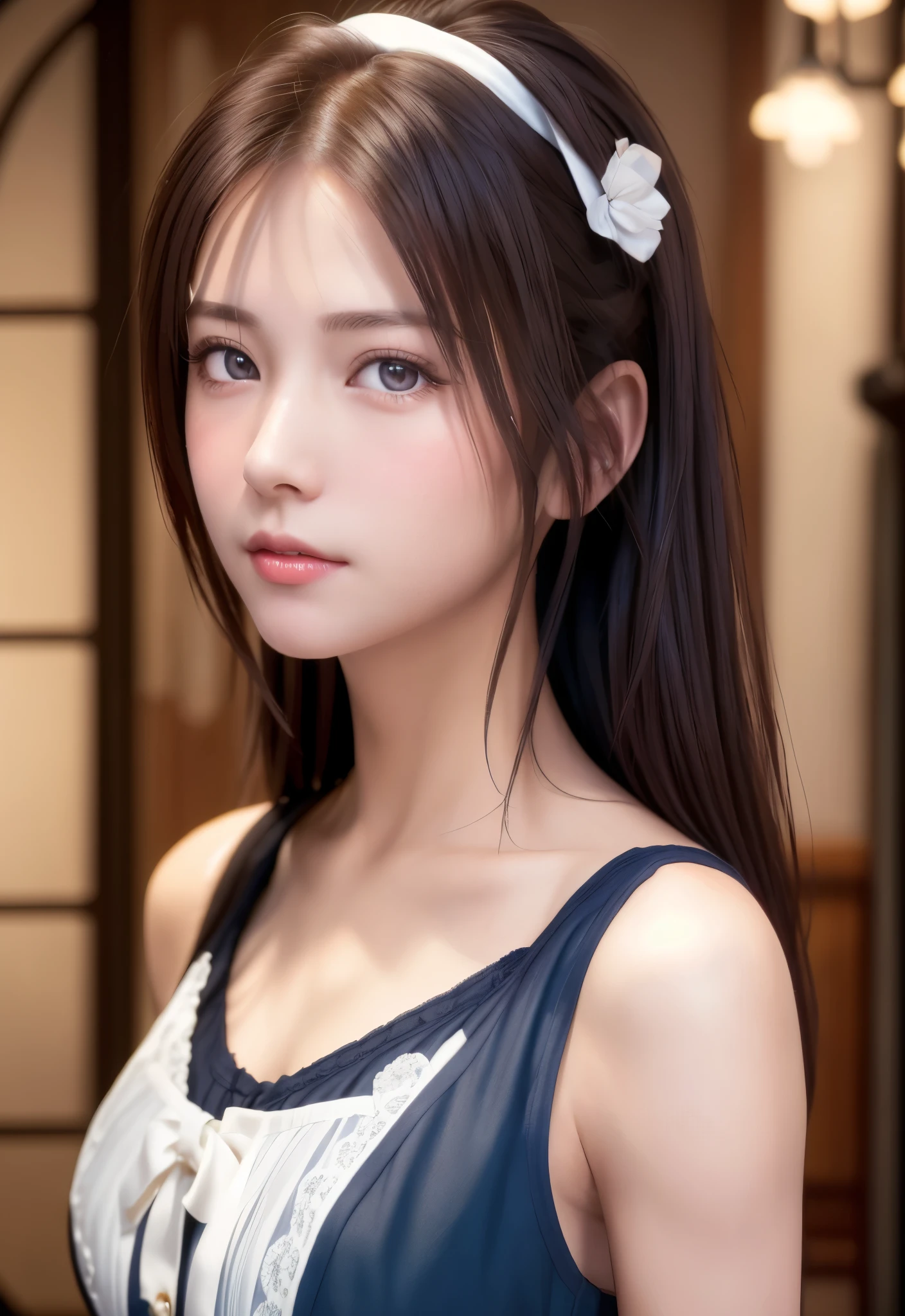 8K, of the highest quality, masutepiece:1.2), (Realistic, Photorealsitic:1.37), of the highest quality, masutepiece, Beautiful young woman, Pensive expression,、A charming、and an inviting look, Cute Maid Clothes, Hair tied back, Cinematic background, Light skin tone
