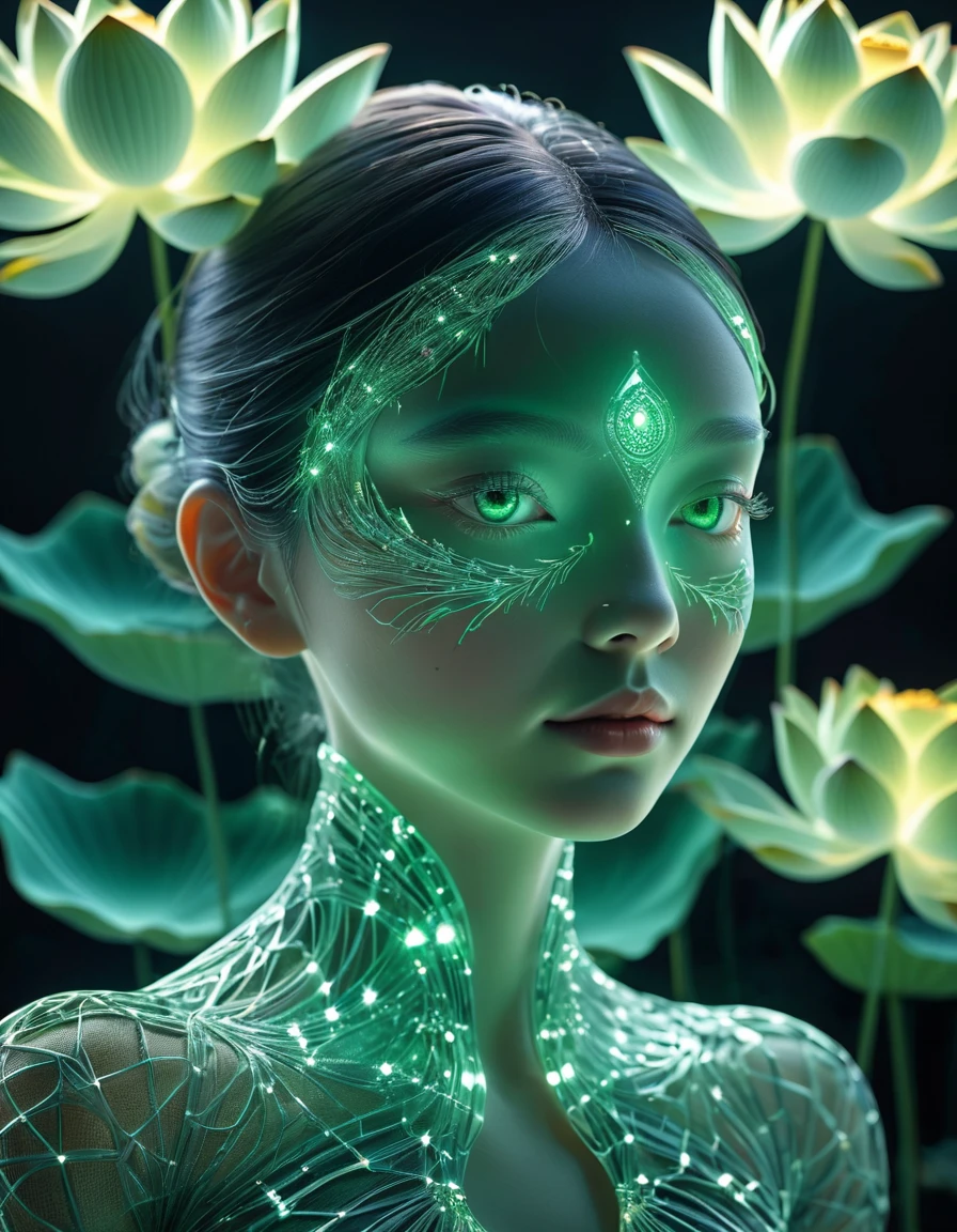 high resolution, Super detailed, (1 woman:1.3),Beautiful face,Perfect face,Art,(lotus)
Rest in the sun, reverberation, Experimental photography, Surreal contrasts, Eye-Catching Visuals, ArtAbstract,Atmosphere Breaking Cut Art, Layered contours, Complex Mode, Exquisite craftsmanship, shadow play, Depth and size, creative expression,
Break Art, Frozen sculpture, translucent form, short-lived beauty, Crystal structure, Exquisite craftsmanship, Touch,
Broken Green Eye,Body Glow,glowing lines,Fluorescence,Glow Example,Sample tracking,flash,萤Light Particles,Backlight,translucent,Light Particles