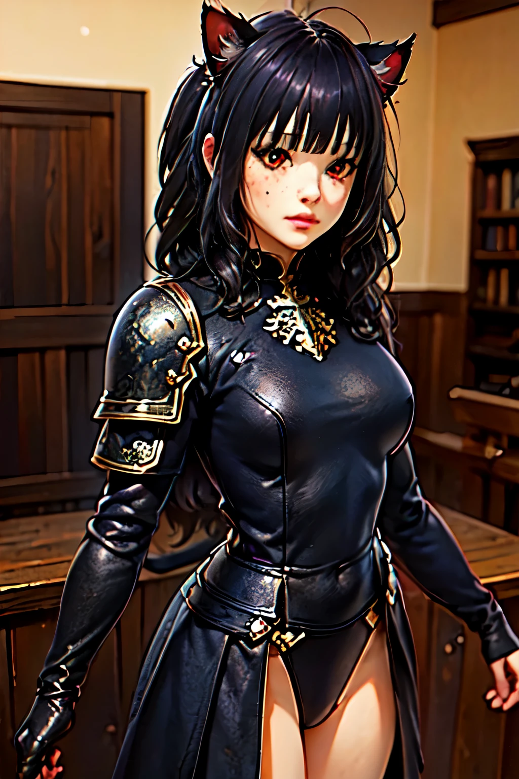 masterpiece, (realistic), highres, highly detailed, intricate, beautiful woman, black hair, red eyes, cat ears, freckles, detailed face, knight, armor