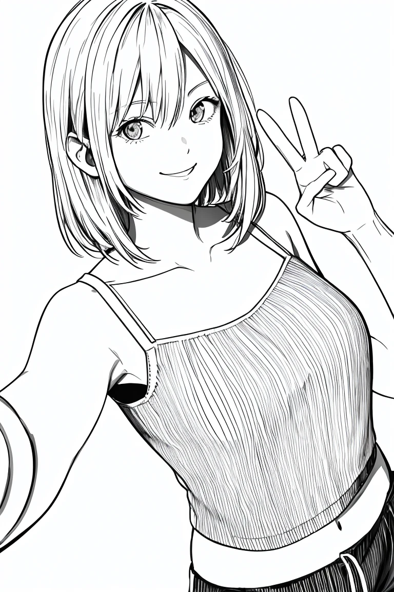 masterpiece,, One girl, alone, short, White Background, Monochrome, Line art, ((sketch))、Facing forward、Wearing a camisole、smile、Making a peace sign、