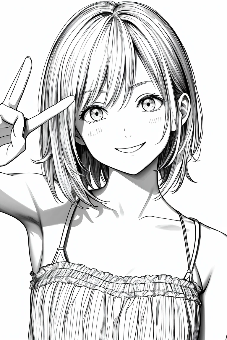 masterpiece,, One girl, alone, short, White Background, Monochrome, Line art, ((sketch))、Facing forward、Wearing a camisole、smile、Making a peace sign、
