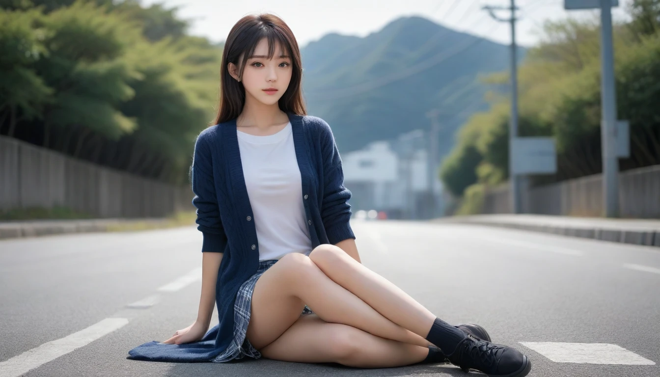 8K, Ultra-high resolution, Highest quality, masterpiece, 三分割法によるphotograph,Surreal, photograph, 1 Girl, (:1.3), pretty girl, Cute face, Beautiful eyes in every detail, 細かくdetailedに,masterpiece,One Girl:1.2, Japan Female Announcer,whole body,from below,Fearful expression,Black Hair,Messy hair,Cyber city of the near future,Wearing a cardigan sweater on your back、A girl sitting cross-legged in the middle of the road,Facing forward, Plaid pencil skirt, High socks and black shoes,Beautiful leg line beauty,Realistic Skin, Perfect and beautiful face ,完璧でCute face, Skin with attention to detail, Perfect limbs、Narrow waist、Thin legs),Looking at the audience、beauty,Long neck、(((Ideal body type))),A cup small breasts :2,Portraiture:2,Perfect Anatomy,鮮明なdetailed,detailed,Surreal,Light and shadow,darkness