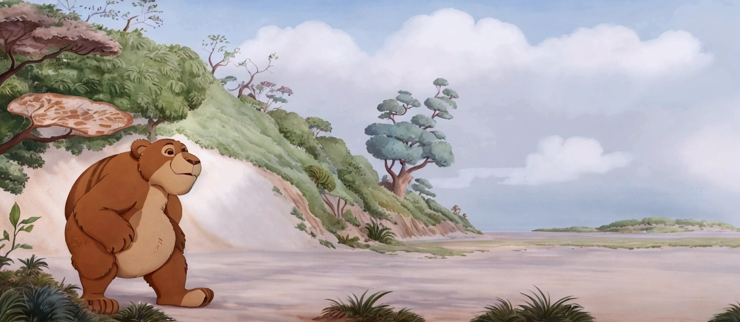 there is a cartoon bear that is standing in the dirt, studio ghibli environment, production animation cel, studio ghibli smooth concept art, animated film still, don bluth animation, animation film still, studio ghibli landscape, painting of a sand landscape, marc davis, highly detailed water colour 8k, highly detailed water colour 8 k, animated still, style of makoto shinkai