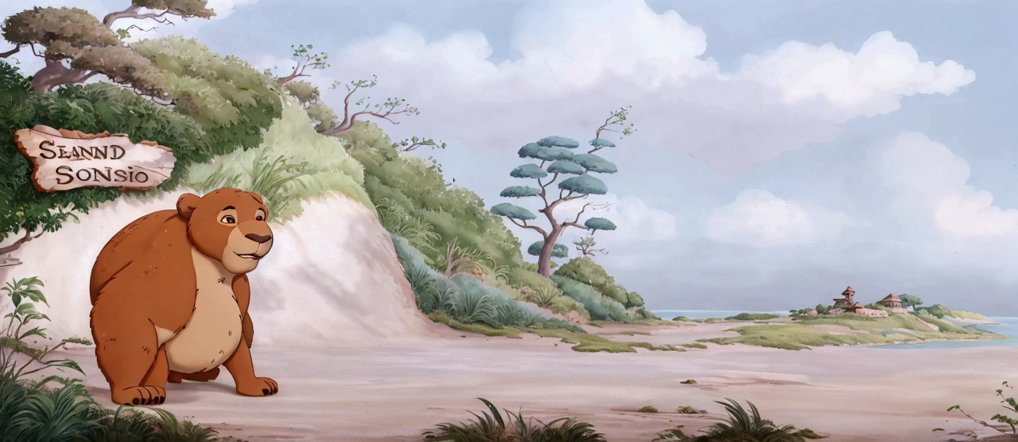 there is a cartoon bear that is standing in the dirt, studio ghibli environment, production animation cel, studio ghibli smooth concept art, animated film still, don bluth animation, animation film still, studio ghibli landscape, painting of a sand landscape, marc davis, highly detailed water colour 8k, highly detailed water colour 8 k, animated still, style of makoto shinkai