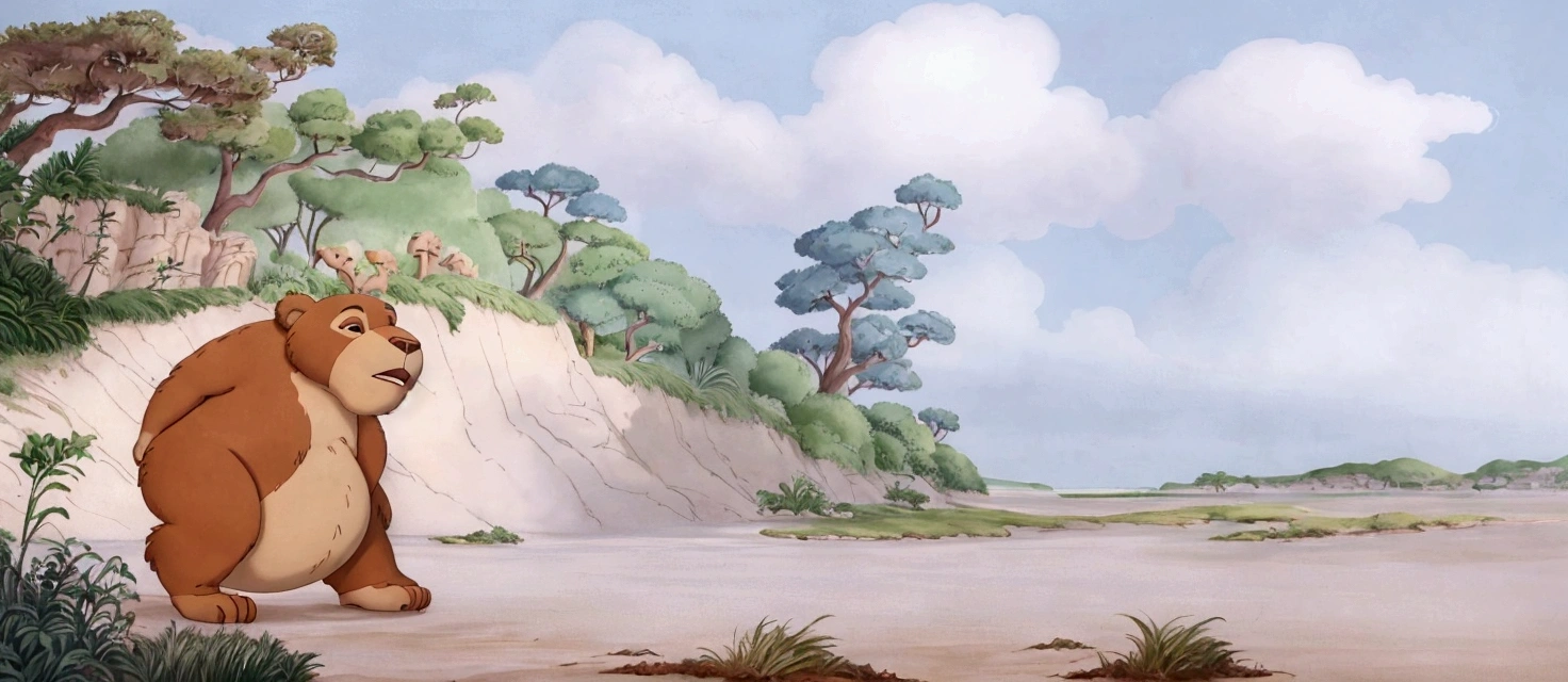 there is a cartoon bear that is standing in the dirt, studio ghibli environment, production animation cel, studio ghibli smooth concept art, animated film still, don bluth animation, animation film still, studio ghibli landscape, painting of a sand landscape, marc davis, highly detailed water colour 8k, highly detailed water colour 8 k, animated still, style of makoto shinkai