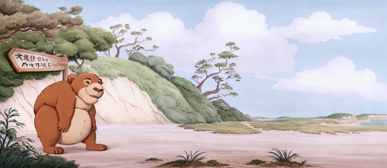 there is a cartoon bear that is standing in the dirt, studio ghibli environment, production animation cel, studio ghibli smooth concept art, animated film still, don bluth animation, animation film still, studio ghibli landscape, painting of a sand landscape, marc davis, highly detailed water colour 8k, highly detailed water colour 8 k, animated still, style of makoto shinkai