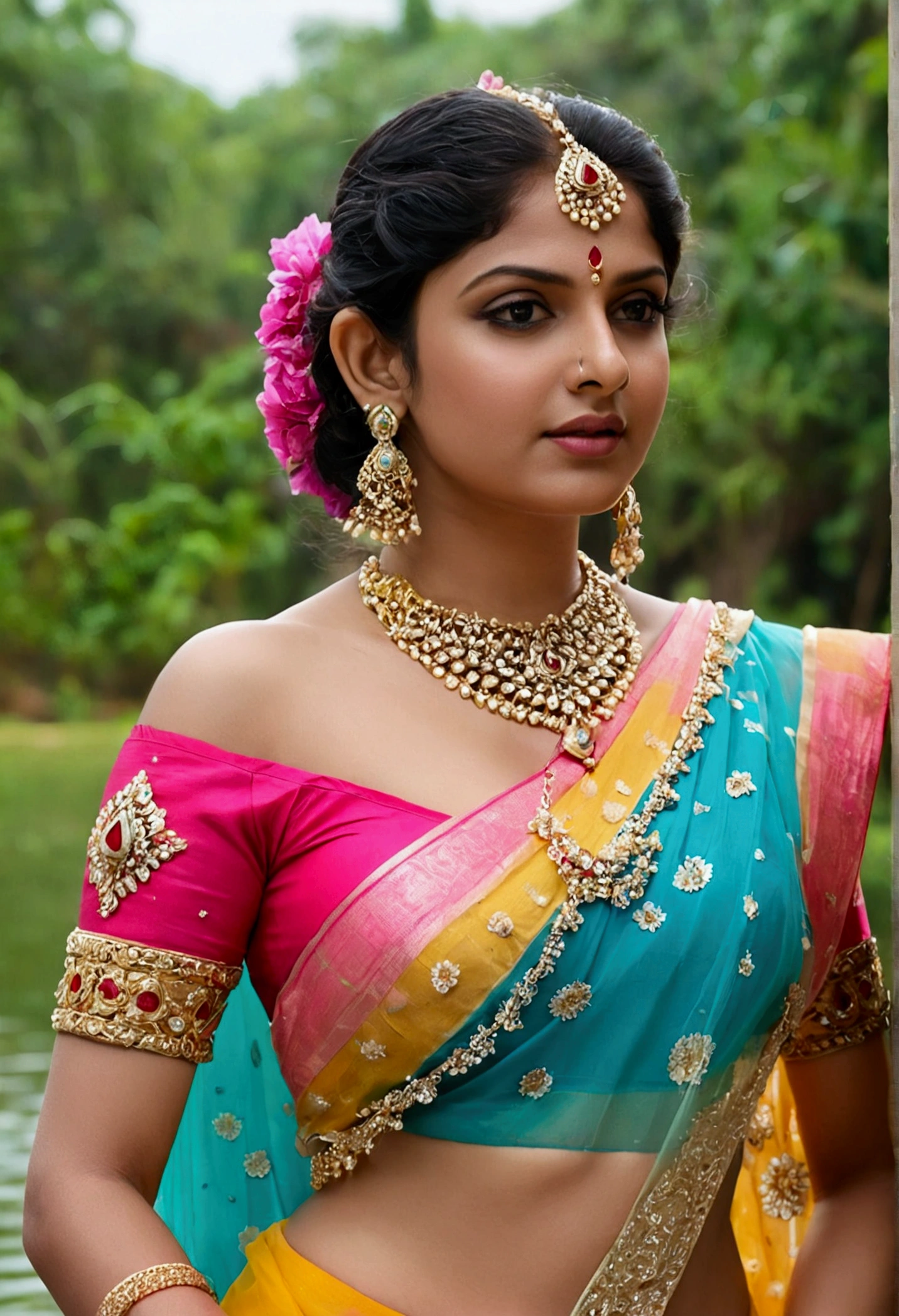 portrait,(NSFW 0.75) boy,woman, ((princess pose)) ,very very big breast, soft thick sexy saree white, orange , pink ,teal,red, yellow colour ,flower design modern light wedding saree, colorful, flower armor, good anatomy, best quality, (((masterpiece))), high quality, realist, best detailed, details, realist skin, skin detailed, underboobs, beautiful posing under a fairy tale of exotic magic,lehenga choli, girl immersed in water , soaked saree, meadows background , bokeh effect ,off shoulder, strapless blouse, slightly chubby hip,different saree wearing style,(multi chain jewellery blouse),(wearing jewellery on blouse)(buttocks and looking back)((very thick blouse)))