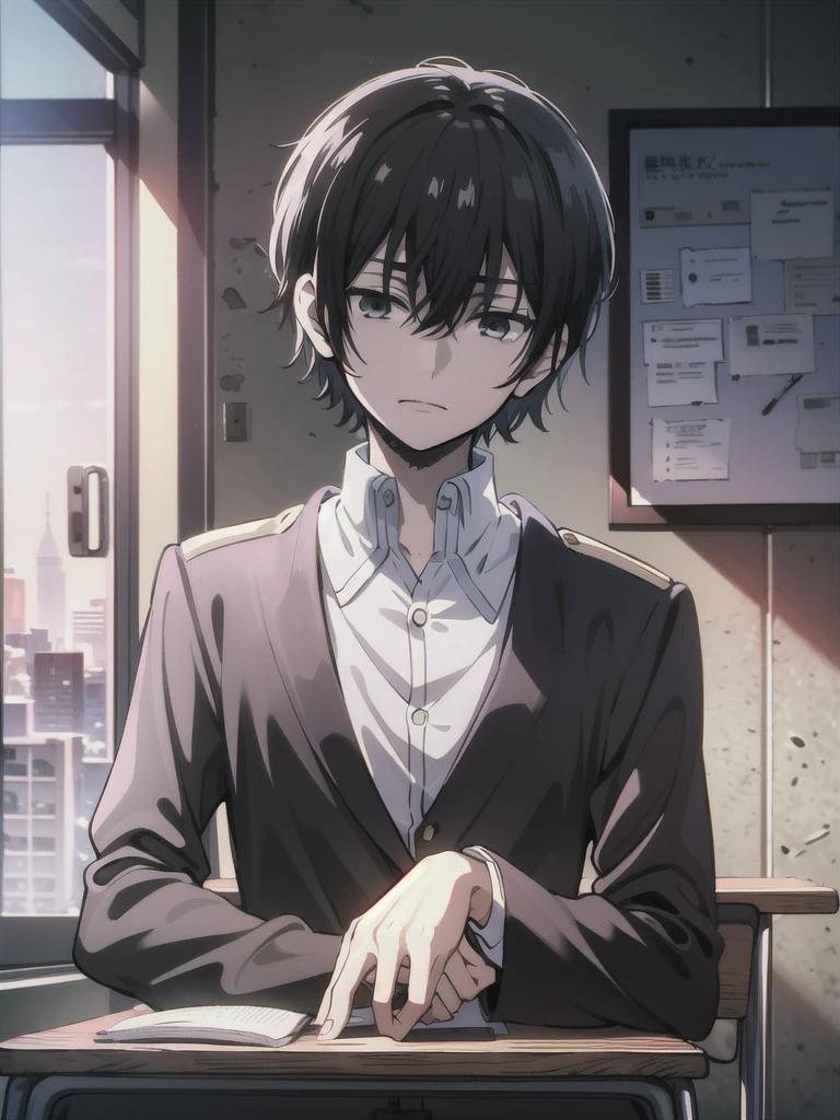 ((best quality)), ((masterpiece)), (detailed), boy, high , uniform, bored look, blank look, disinterested look, resting on desk, school chair, empty classroom, black hair, black eyes, sketch, alone, short hair. half body, face, gloomy, dark eyes, manga, light novel, illustration, solo.