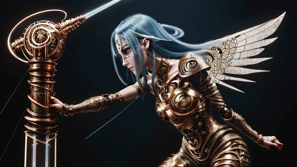 (Full body shot:1.4),(Wide Angle Shot) (long shot: 1.3), (Intricate details:1.4), (Masterpiece) , ((Anime Robot, Beautiful White Skin Golem, Angel, 1girl, Magic)), (Perfect Aesthetic Eyes:1.3) , (Detailed Eyes) , (Halo) , (Elden ring:1.4), (Wings:1.3), Glowing, Twintails Hair, Multicolored Hair, (Anatomically Correct Body:1.4) , Angry, (Perfect Face), Saenyo Ancalagon Majestic Guardian Knight | Ultra Detailed Robotic Armor | Cinematic Lighting | Intricate filigree metal design | 16k | Unreal Engine 5 | Octane Render | 3d, (anatomically correct :1.4), (Ultra Detailed, Fantasy Background, Blush, Solo, Fightning Stance), (magic circle:1.3), Lightning Effect, (Ray Tracing), Show Your Ability A.I., (Glowing Eyes) , (Particles Glowing) , 16k Wallpaper, Robot Female, Trending on Pintrest, By Nimox AI, UHD, (((glowing sword:1))), (((long sword:1.0)))