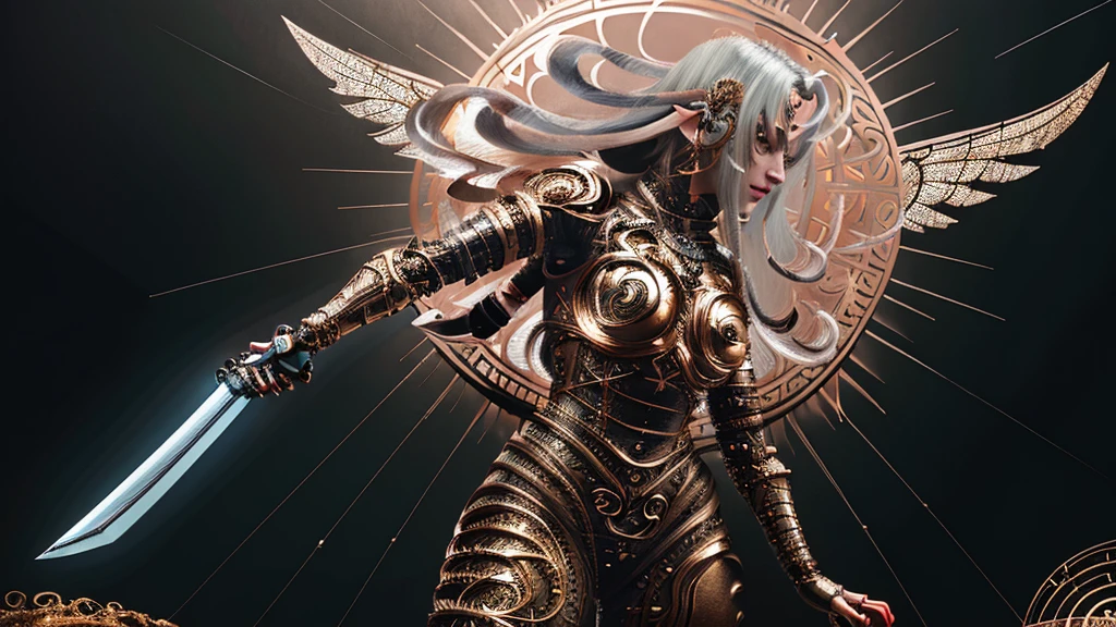 (Full body shot:1.4),(Wide Angle Shot) (long shot: 1.3), (Intricate details:1.4), (Masterpiece) , ((Anime Robot, Beautiful White Skin Golem, Angel, 1girl, Magic)), (Perfect Aesthetic Eyes:1.3) , (Detailed Eyes) , (Halo) , (Elden ring:1.4), (Wings:1.3), Glowing, Twintails Hair, Multicolored Hair, (Anatomically Correct Body:1.4) , Angry, (Perfect Face), Saenyo Ancalagon Majestic Guardian Knight | Ultra Detailed Robotic Armor | Cinematic Lighting | Intricate filigree metal design | 16k | Unreal Engine 5 | Octane Render | 3d, (anatomically correct :1.4), (Ultra Detailed, Fantasy Background, Blush, Solo, Fightning Stance), (magic circle:1.3), Lightning Effect, (Ray Tracing), Show Your Ability A.I., (Glowing Eyes) , (Particles Glowing) , 16k Wallpaper, Robot Female, Trending on Pintrest, By Nimox AI, UHD, (((glowing sword:1))), (((long sword:1.0)))
