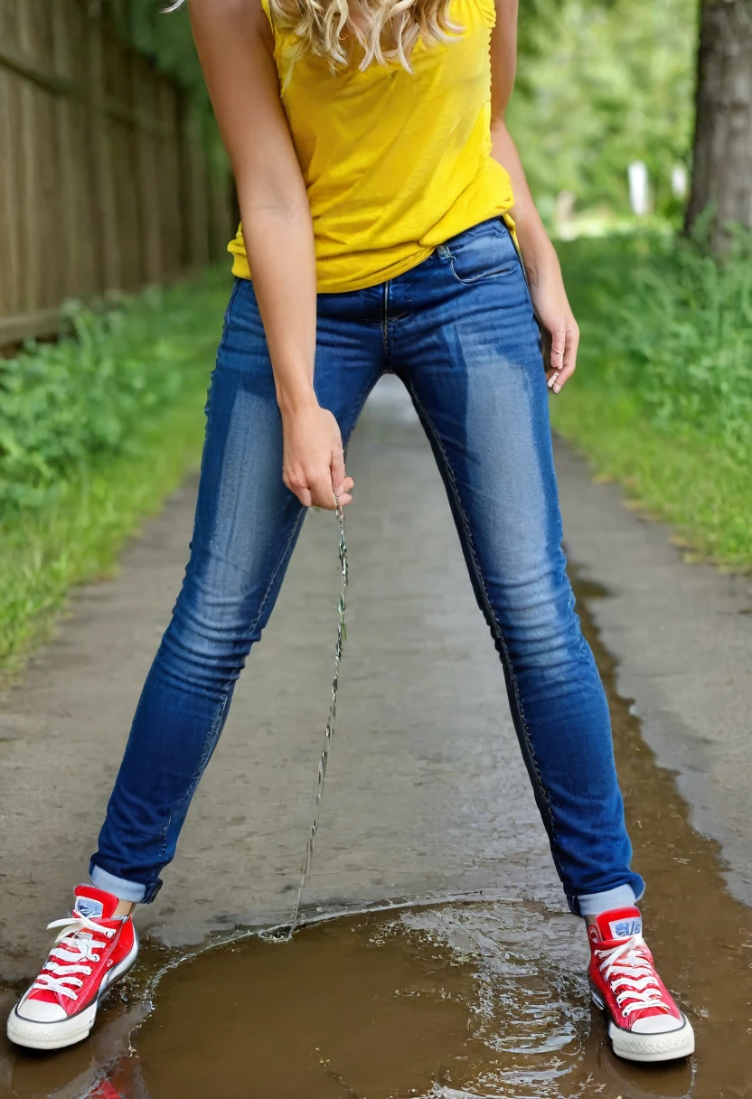 blonde woman, blue eyes, curly hair, head in frame, inviting smile, skinny jeans, converse chuck sneakers, tank top, peeing jeans, wetting, pee runs down legs into sneakers, pee puddles around sneakers, pee stains are gleaming wet, sneakers are soaking wet