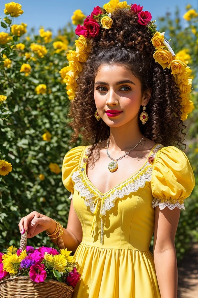 ( yellow dress with puff sleeves square neckline with lace details) (light brown curly hair flower tiara on head) (big blue eyes lips with red lipstick) (He has a yellow rose in his hand) (in the other arm a basket of colorful flowers) (in the background a sunny day with visible sun rays) (represents a gypsy with many powers) (in the background there is a gypsy party taking place with gypsies dancing on old carts representing a camp) (She is wearing a dress with gypsy decorations with lace, ruffles and coins.)