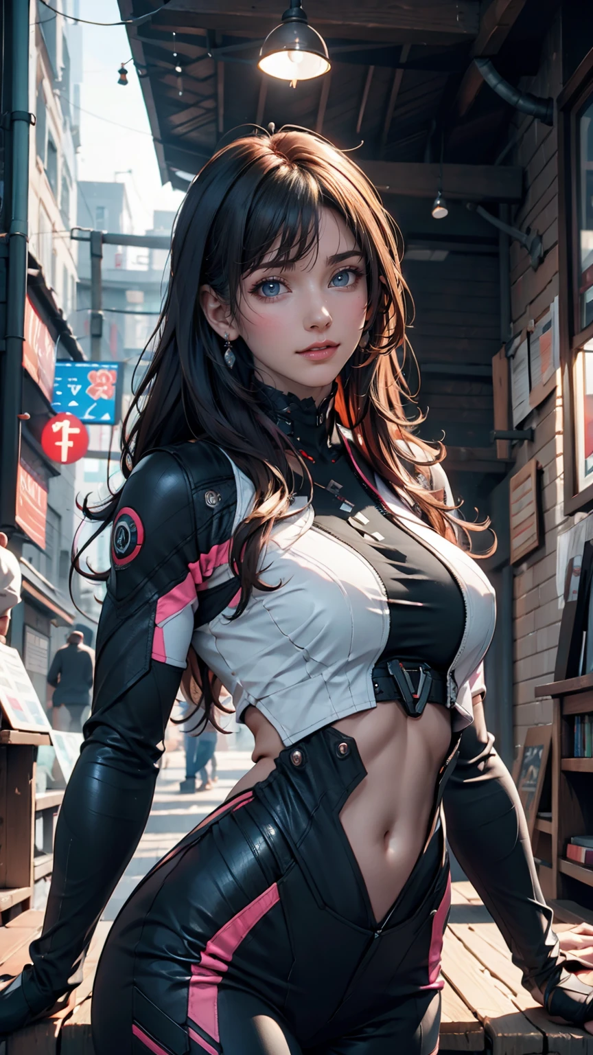 masterpiece , girl , Very long red hair , blue eyes , Slope , Perfect figure , ( Techwear:1.2) , cyber punk , future , Modern , in cyber punk city, Light Smile , Detailed face ,, , (8K, 最high quality 1.2), Super detailed, 8K Ultra HD,, Soft lighting, high quality, Film Grain, Beautiful lighting,, (Cinematic:1.4) ,Perfect body , Best lighting, Best Shadow, Sharpness, Contrast,