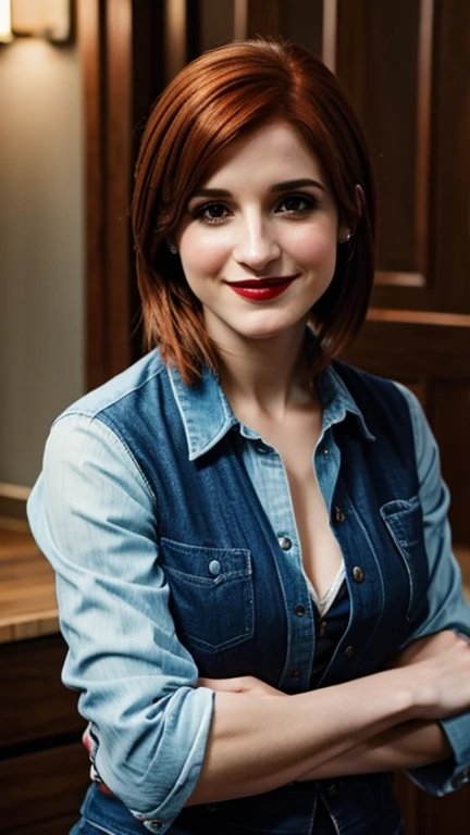 Aya Cash dressed in passionate clothes with painted lips and smiling