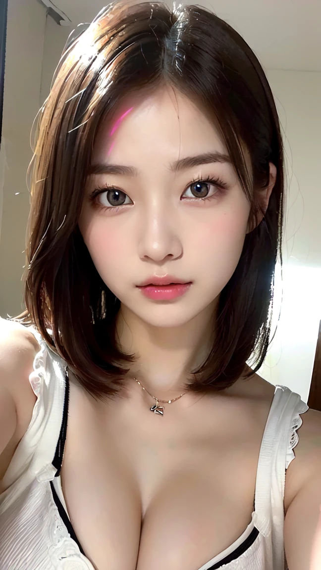 (8K、RAW Photos、Highest quality、masterpiece:1.2)、(Realistic、Photorealistic)、(wallpaper）、、One Girl、alone、23 years old、（Perfect Eyes）、Perfect hands、Perfect Proportions、Highly detailed face、Highly detailed skins、とてもwhiteい肌、( Cleavage)、(Selfie style)、background、white