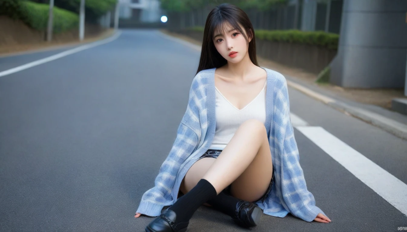 8K, Ultra-high resolution, Highest quality, masterpiece, 三分割法によるphotograph,Surreal, photograph, 1 Girl, (16 years old:1.3), pretty girl, Cute face, Beautiful eyes in every detail, 細かくdetailedに,masterpiece,One Girl:1.2, Japan Female Announcer,whole body,from below,Fearful expression,Black Hair,Messy hair,Cyber city of the near future,Wearing a cardigan sweater on your back、A girl sitting cross-legged in the middle of the road,Facing forward, Plaid pencil skirt, High socks and black shoes,Beautiful leg line beauty,Realistic Skin, Perfect and beautiful face ,完璧でCute face, Skin with attention to detail, Perfect limbs、Narrow waist、Thin legs),Looking at the audience、beauty,Long neck、(((Ideal body type))),A cup small breasts :2,Portraiture:2,Perfect Anatomy,鮮明なdetailed,detailed,Surreal,Light and shadow,darkness