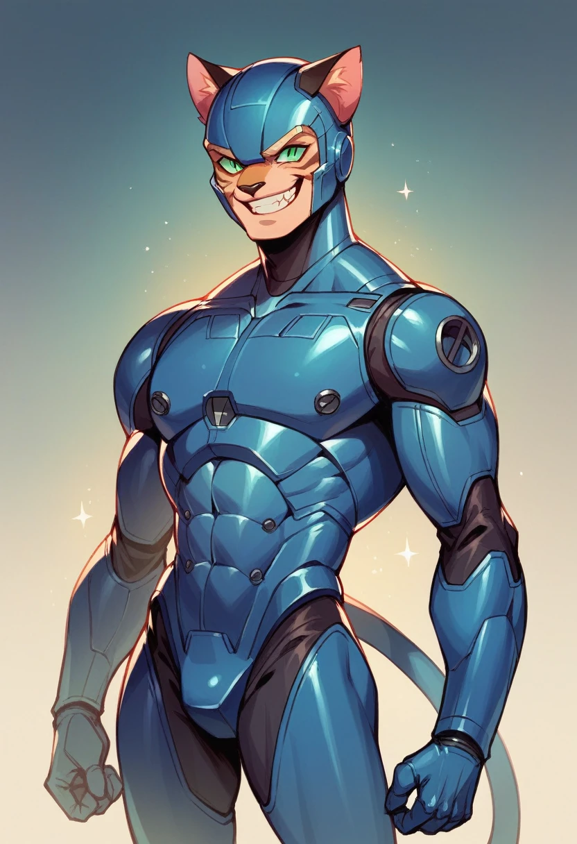 Cheshire cat grin on a tabby wearing Iron Man suit